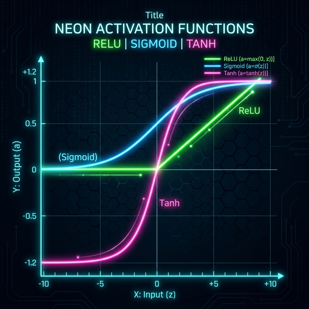 Activation Functions Guide: Graph showing curves of ReLU, Sigmoid, and Tanh activation functions