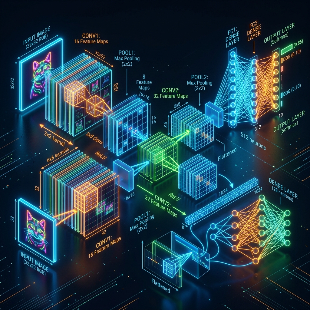 Convolutional Neural Networks: 3D architectural diagram showing inputs, conv feature maps, pooling, and dense output layers