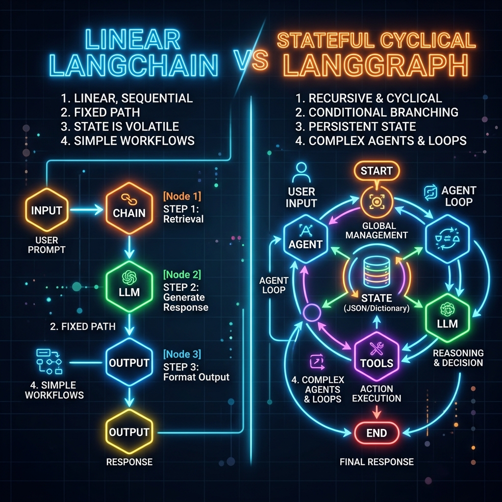 LangChain vs. LangGraph: Comparison diagram showing linear LangChain chains vs stateful cyclical LangGraph state machines