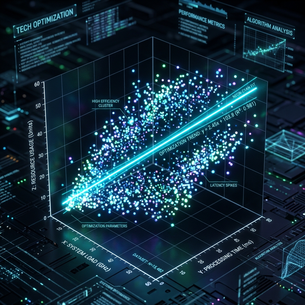 Linear Regression Deep Dive: 3D scatter plot with a neon-cyan linear regression fit line