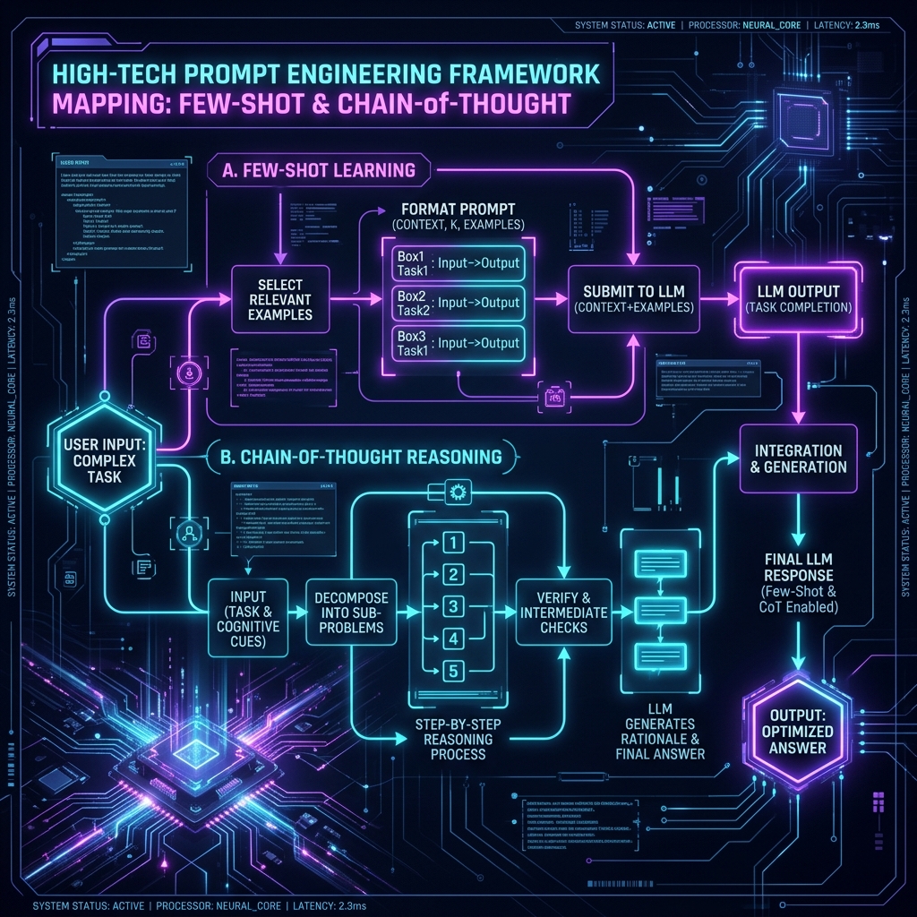 Prompt Engineering Techniques: Flowchart mapping Few-Shot learning and Chain-of-Thought reasoning steps
