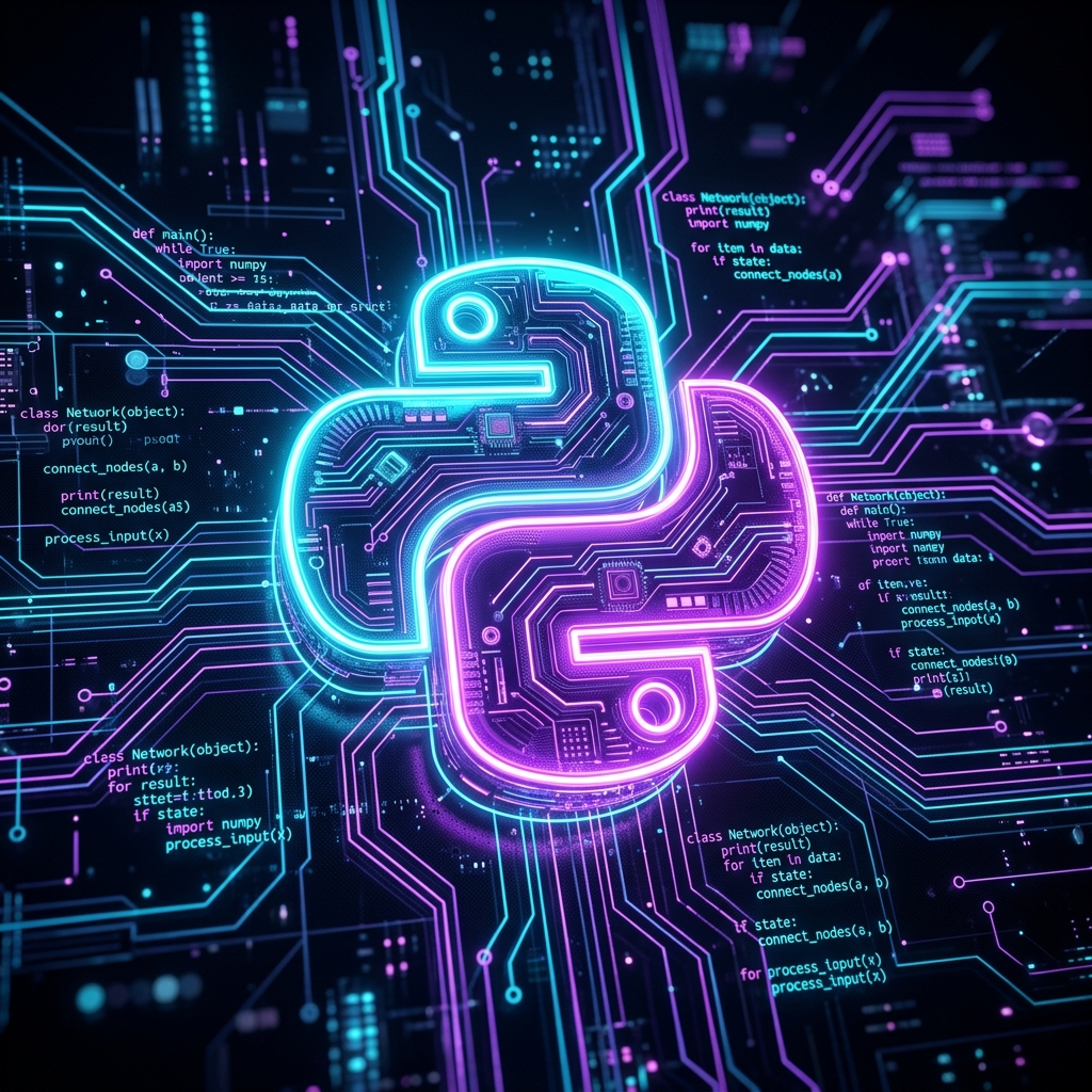 Python for AI: Sleek glowing Python logo integrated with abstract code circuits