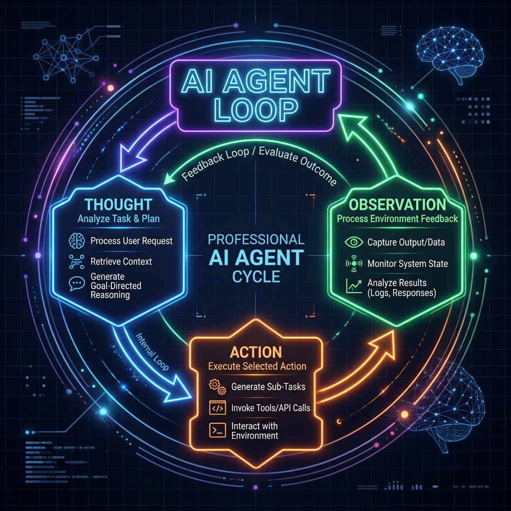 ReAct Agent Loop: Sleek modern flowchart showing Thought, Action, and Observation cycles